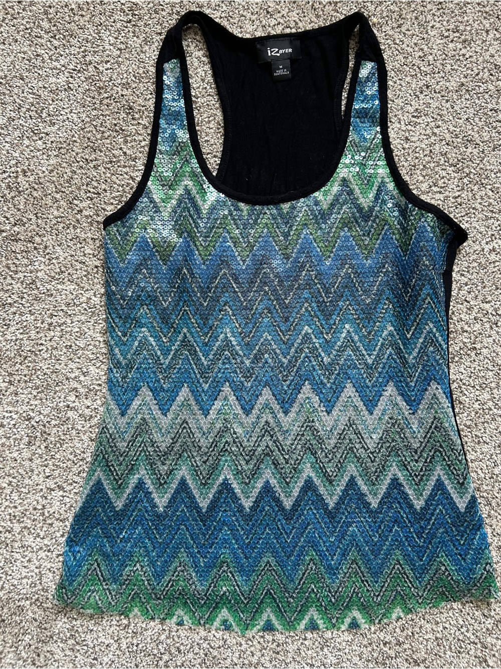 iZ Byer Women's Blue & Green Zigzag Sequin Tank Top medium